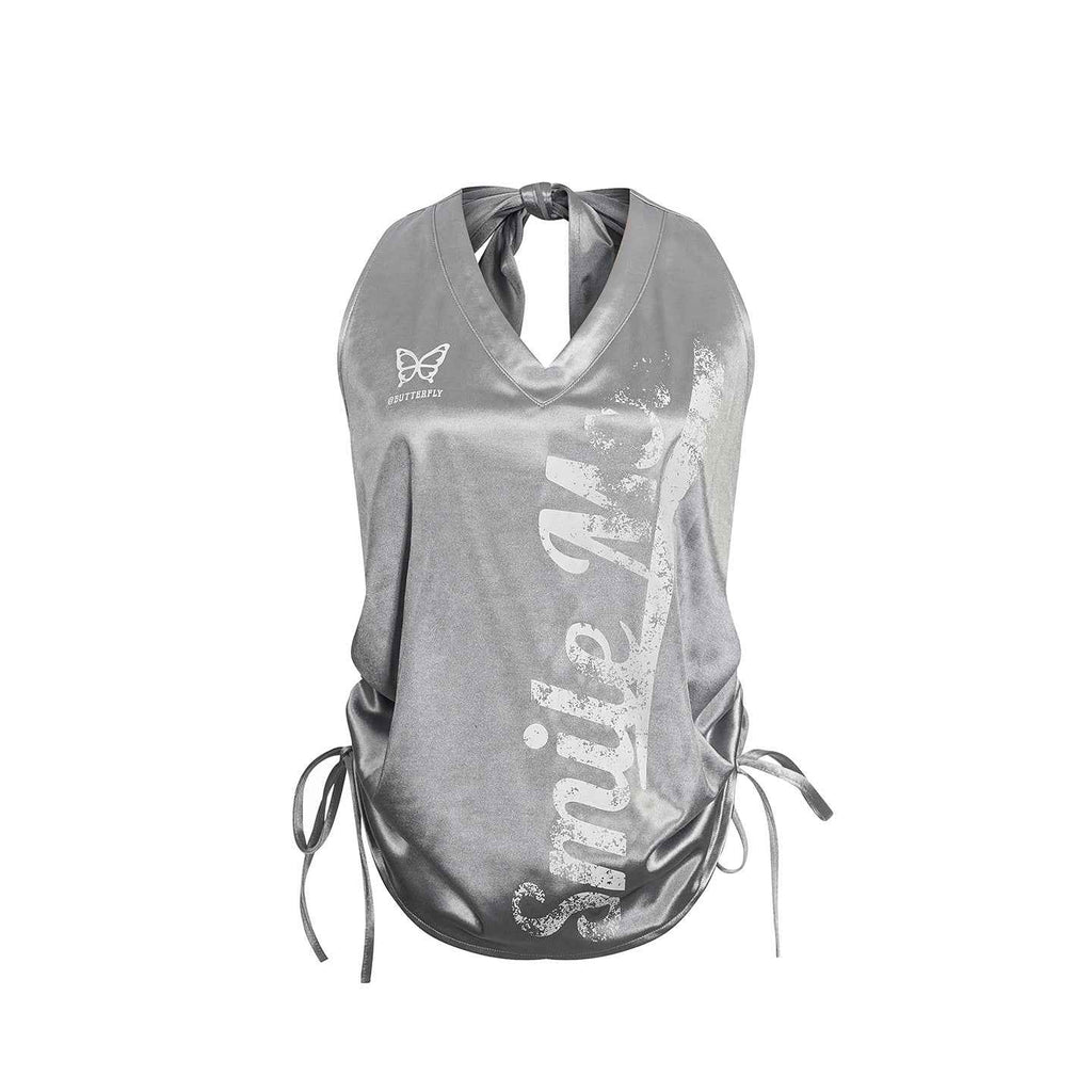 Gray Polyester Blend Sporty Graphic Halter Tank Top with Open Back and Side Drawstrings for Women