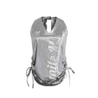 Gray Polyester Blend Sporty Graphic Halter Tank Top with Open Back and Side Drawstrings for Women