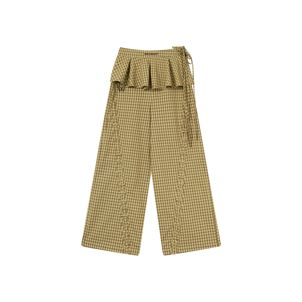 Yellow and Black Plaid 100% Cotton Wide-Leg Pants with Removable Pleated Skirt Overlay for Women