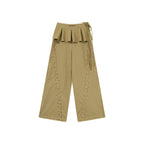Yellow and Black Plaid 100% Cotton Wide-Leg Pants with Removable Pleated Skirt Overlay for Women