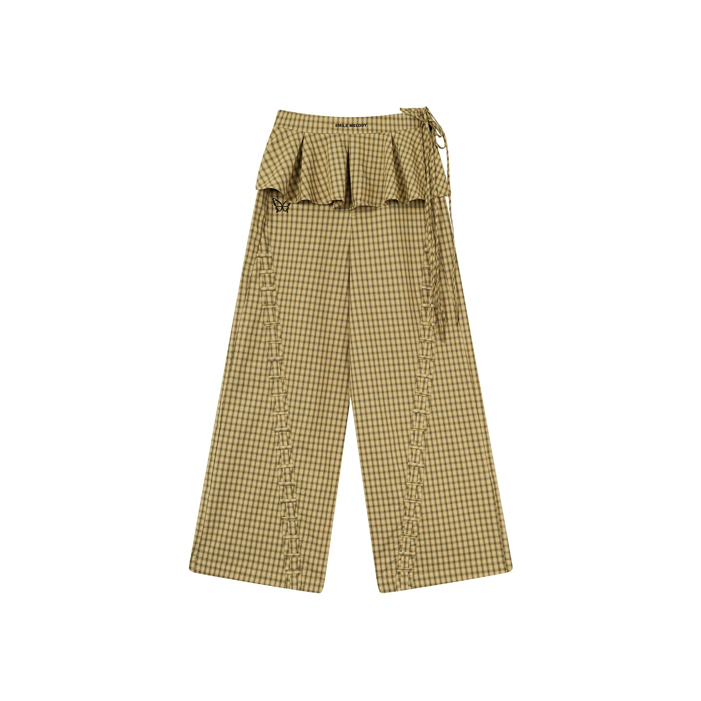 Yellow and Black Plaid 100% Cotton Wide-Leg Pants with Removable Pleated Skirt Overlay for Women