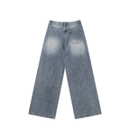 Blue Washed Cotton Denim Butterfly Graphic Wide-Leg Jeans with Asymmetric Waistband for Women