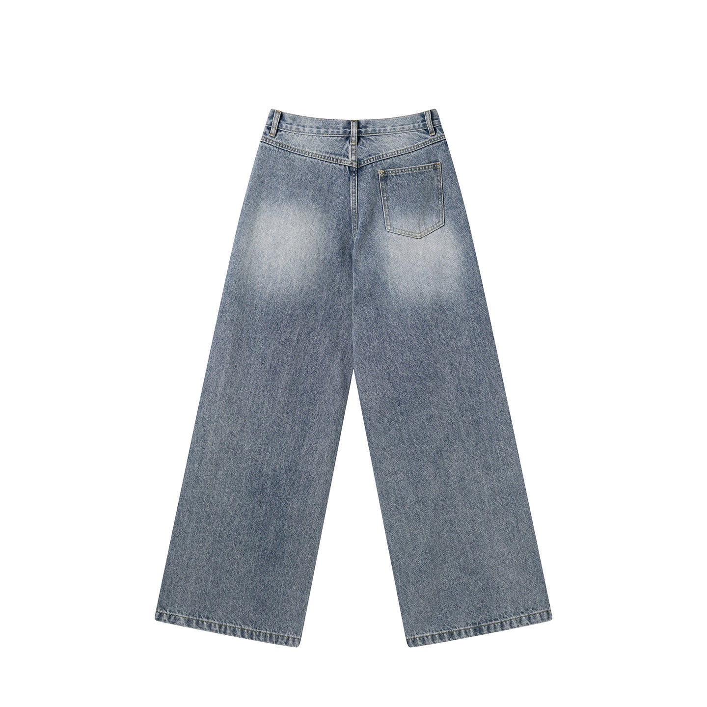 Blue Washed Cotton Denim Butterfly Graphic Wide-Leg Jeans with Asymmetric Waistband for Women