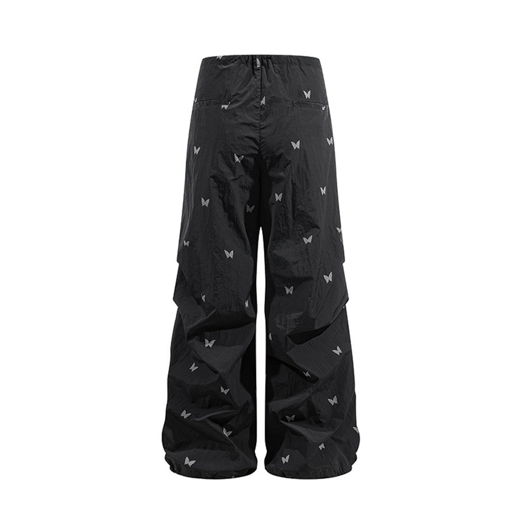Black 100% Nylon Allover Butterfly Print Wide-Leg Parachute Pants with Drawstring Waist for Women