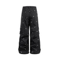 Black 100% Nylon Allover Butterfly Print Wide-Leg Parachute Pants with Drawstring Waist for Women
