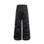 Black 100% Nylon Allover Butterfly Print Wide-Leg Parachute Pants with Drawstring Waist for Women