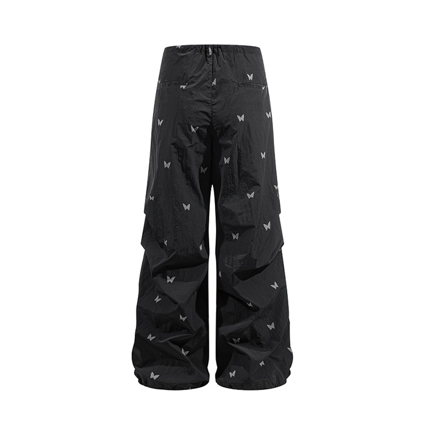 Black 100% Nylon Allover Butterfly Print Wide-Leg Parachute Pants with Drawstring Waist for Women