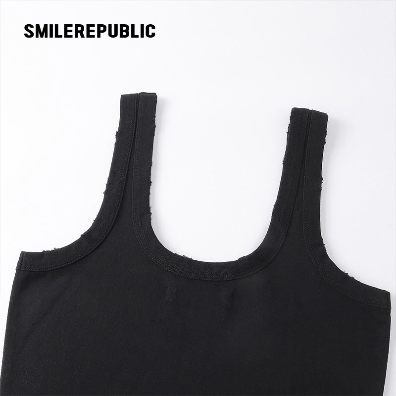 Black Cotton Blend Logo Graphic Scoop Neck Fitted Knit Tank Mini Dress for Women