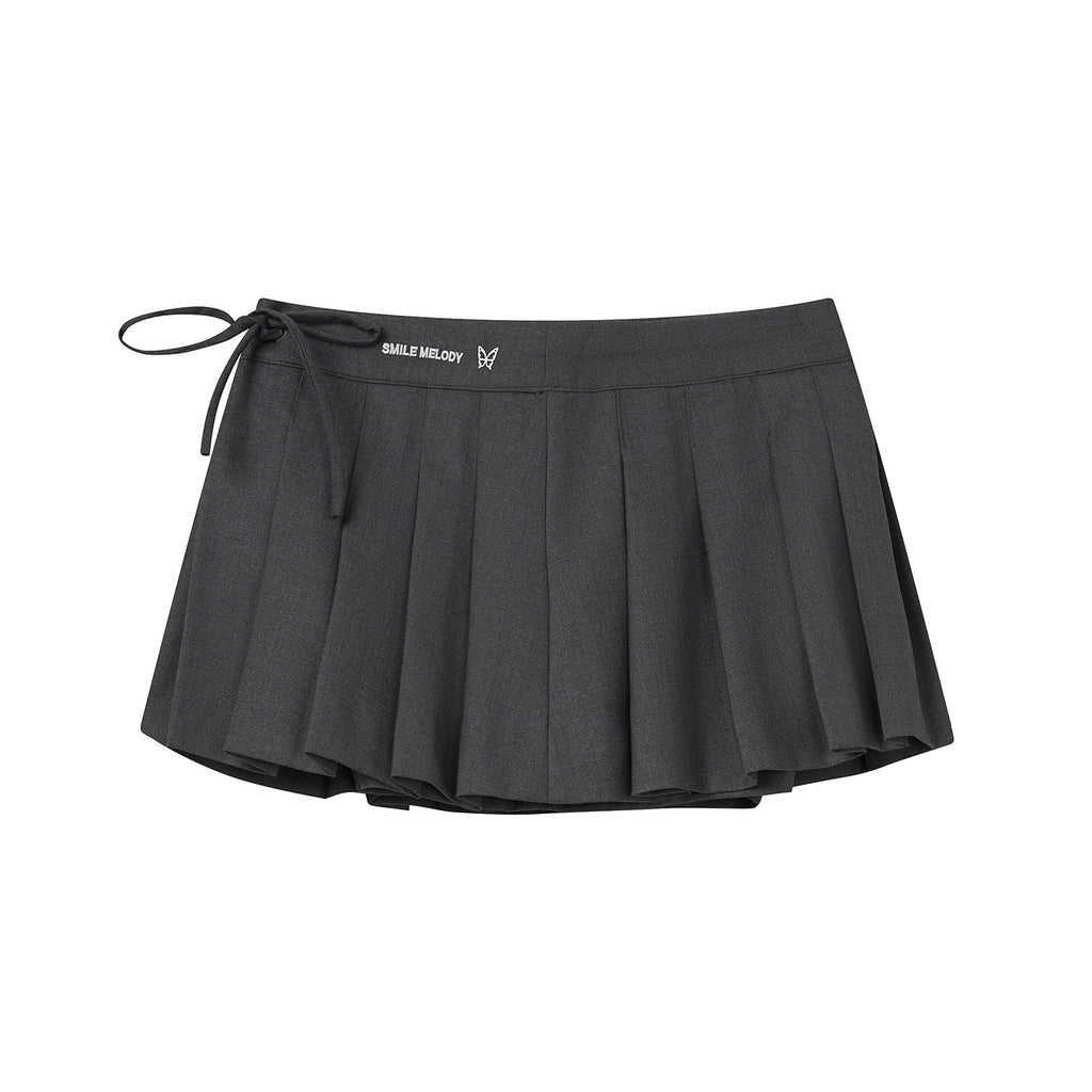 Gray Polyester Viscose Blend Pleated Mini Skirt with Side Tie and Logo Detail for Women