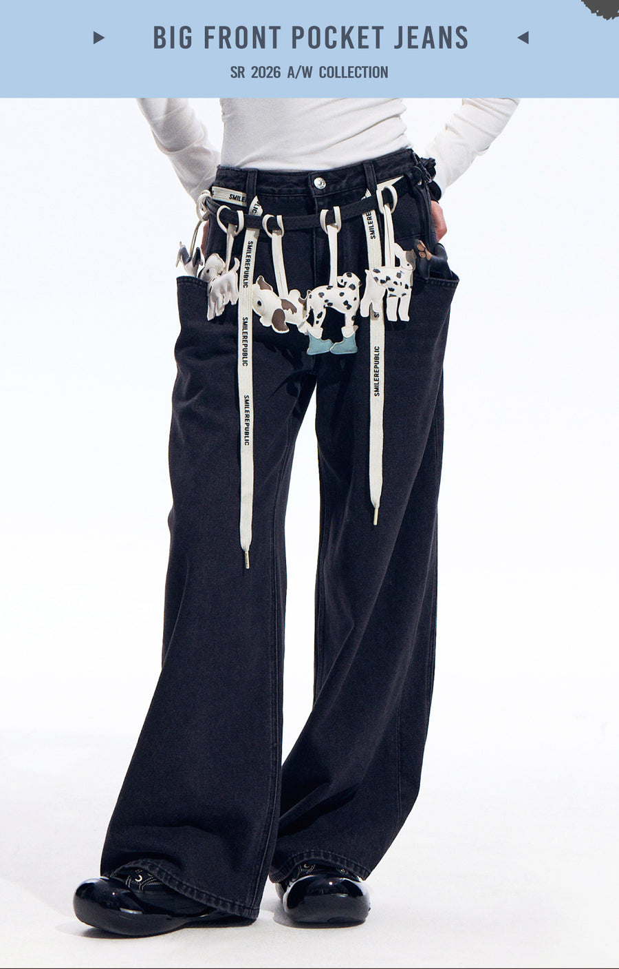 Black Washed Wide Leg Jeans with Adjustable Waist Straps and Relaxed Fit Design 详情图 6