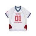White Polyester Colorblock V-Neck Number Graphic Jersey Top with Removable Feather Trim for Women