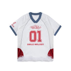 White Polyester Colorblock V-Neck Number Graphic Jersey Top with Removable Feather Trim for Women