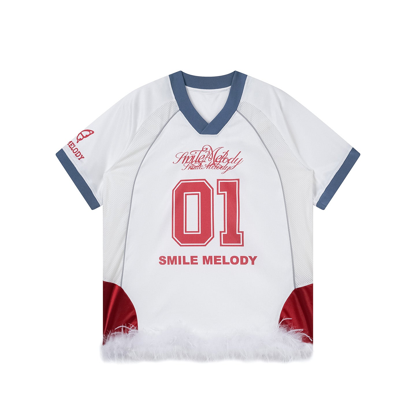 White Polyester Colorblock V-Neck Number Graphic Jersey Top with Removable Feather Trim for Women