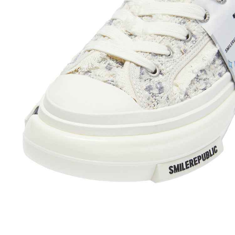 Beige Gray Frayed Tweed Platform Sneakers, Unisex Low Top Lace Up Shoes