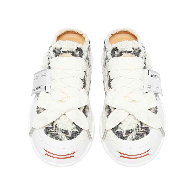 Black White Frayed Herringbone Platform Sneaker Mules, Unisex Backless Lace Up Shoes