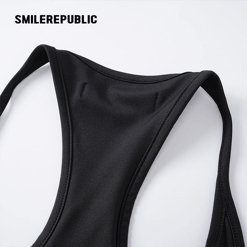 Black Polyester Spandex Racerback Thong Bodysuit, Sleeveless Logo Fitted One Piece Top for Women
