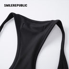 Black Polyester Spandex Racerback Thong Bodysuit, Sleeveless Logo Fitted One Piece Top for Women