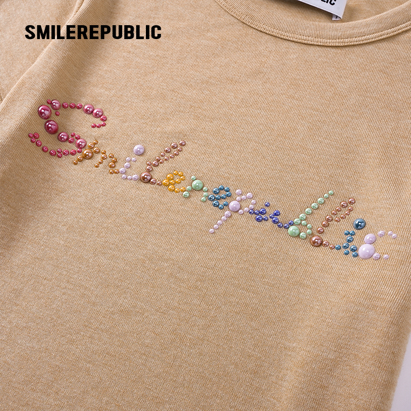 Khaki Regenerated/Gray Regenerated/Blue Regenerated Cellulose Wool Blend Faux Pearl Logo Cropped T-Shirt for Women