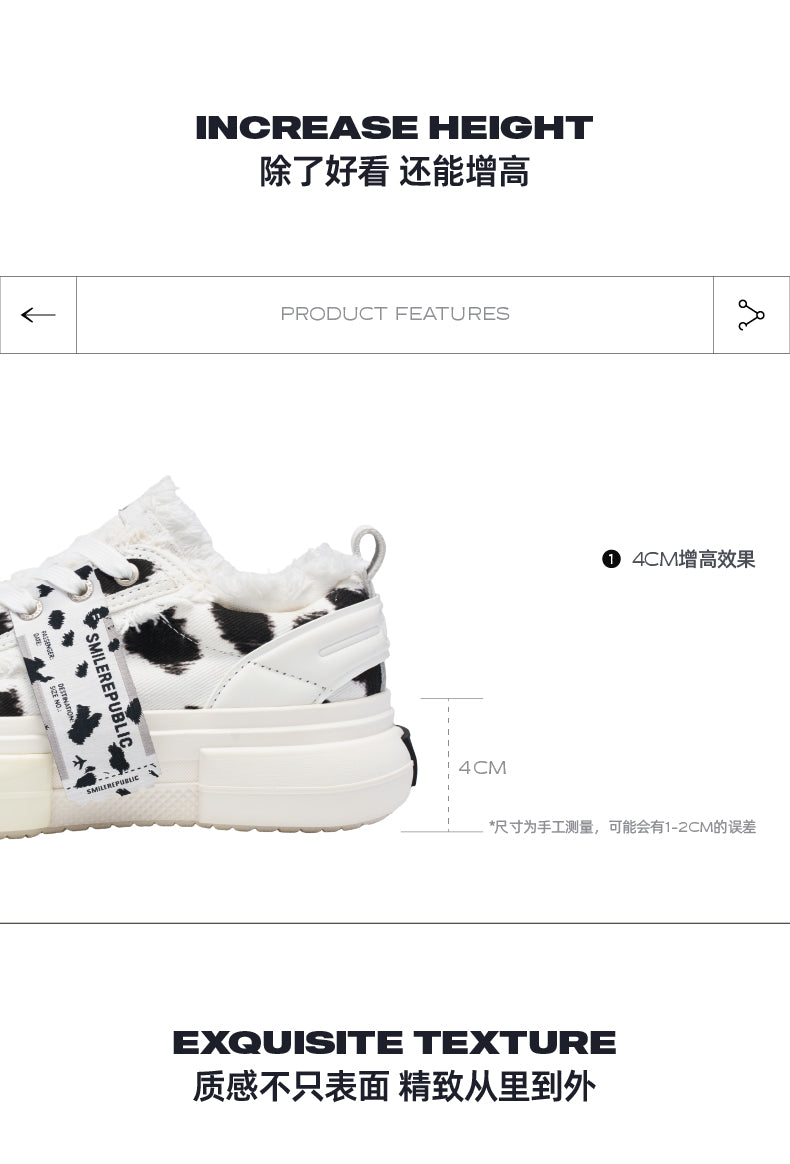 White Black Dalmatian Print Frayed Low Top Platform Sneakers, Unisex Shoes 详情图 1