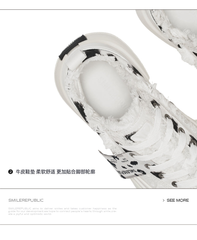 White Black Dalmatian Print Frayed Low Top Platform Sneakers, Unisex Shoes 详情图 2