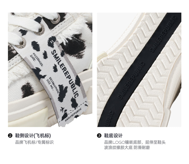 White Black Dalmatian Print Frayed Low Top Platform Sneakers, Unisex Shoes 详情图 8