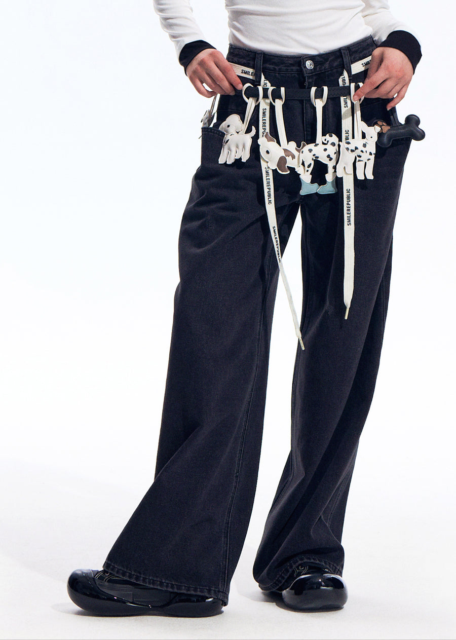Black Washed Wide Leg Jeans with Adjustable Waist Straps and Relaxed Fit Design 详情图 7