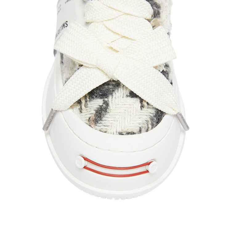 Black White Frayed Herringbone Platform Sneaker Mules, Unisex Backless Lace Up Shoes