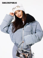 Light Blue Denim Cropped Puffer Jacket with 90% White Duck Down Fill and Plush Stand Collar