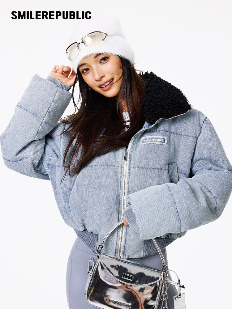 Light Blue Denim Cropped Puffer Jacket with 90% White Duck Down Fill and Plush Stand Collar