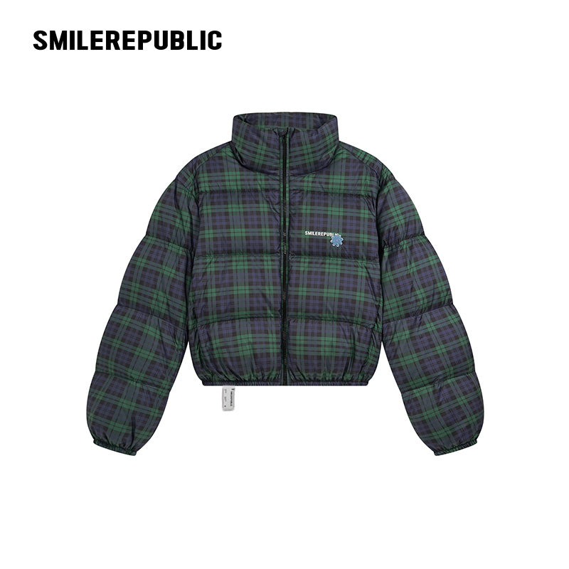Dark Navy Plaid Polyester 90% White Duck Down Cropped Full Zip Puffer Jacket with Stand Collar