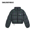 Dark Navy Plaid Polyester 90% White Duck Down Cropped Full Zip Puffer Jacket with Stand Collar