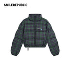 Dark Navy Plaid Polyester 90% White Duck Down Cropped Full Zip Puffer Jacket with Stand Collar