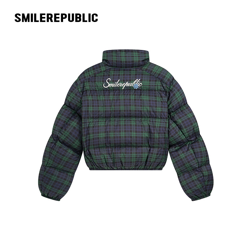 Dark Navy Plaid Polyester 90% White Duck Down Cropped Full Zip Puffer Jacket with Stand Collar