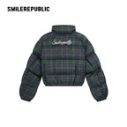 Dark Navy Plaid Polyester 90% White Duck Down Cropped Full Zip Puffer Jacket with Stand Collar
