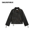Brown Distressed PU Coated Faux Leather Oversized Asymmetrical Zip Jacket with Logo Back