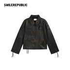 Brown Distressed PU Coated Faux Leather Oversized Asymmetrical Zip Jacket with Logo Back