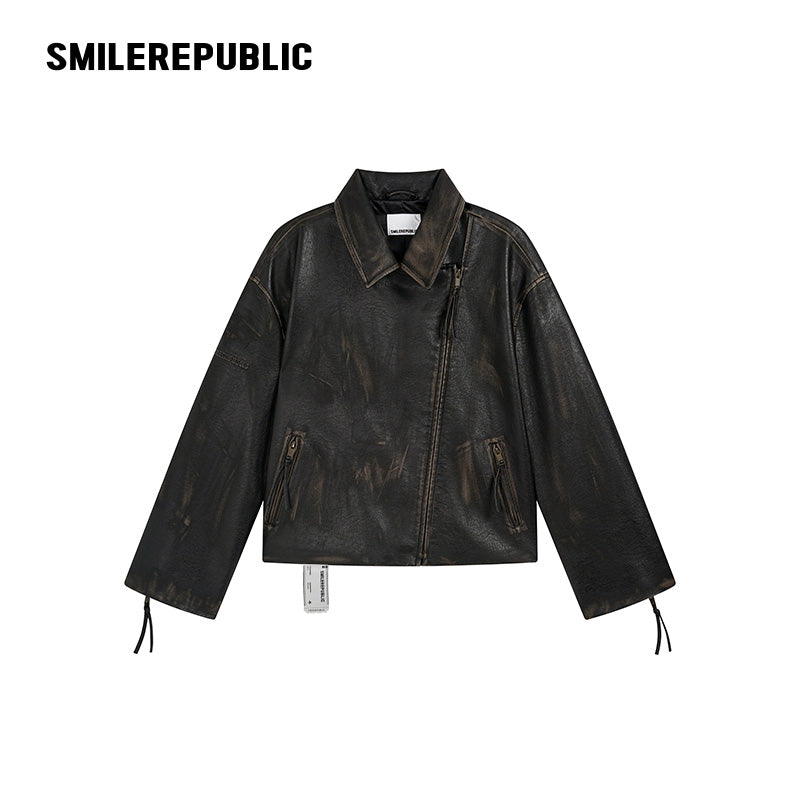 Brown Distressed PU Coated Faux Leather Oversized Asymmetrical Zip Jacket with Logo Back