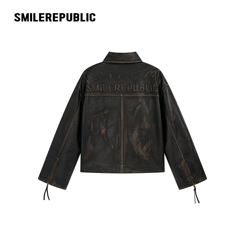 Brown Distressed PU Coated Faux Leather Oversized Asymmetrical Zip Jacket with Logo Back