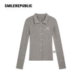 Gray Polyester Blend Ribbed Knit Embroidered Logo Fitted Button-Front Collared Cardigan for Women