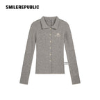 Gray Polyester Blend Ribbed Knit Embroidered Logo Fitted Button-Front Collared Cardigan for Women