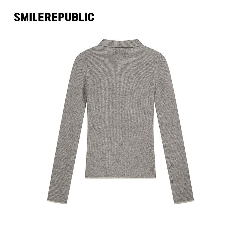 Gray Polyester Blend Ribbed Knit Embroidered Logo Fitted Button-Front Collared Cardigan for Women