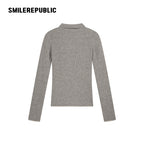 Gray Polyester Blend Ribbed Knit Embroidered Logo Fitted Button-Front Collared Cardigan for Women