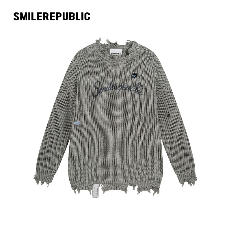 Khaki and Gray Cotton Acrylic Blend Frayed Edge Embroidered Patch Oversized Crewneck Knit Sweater