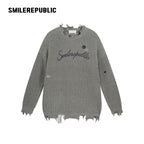 Khaki and Gray Cotton Acrylic Blend Frayed Edge Embroidered Patch Oversized Crewneck Knit Sweater