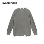Khaki and Gray Cotton Acrylic Blend Frayed Edge Embroidered Patch Oversized Crewneck Knit Sweater