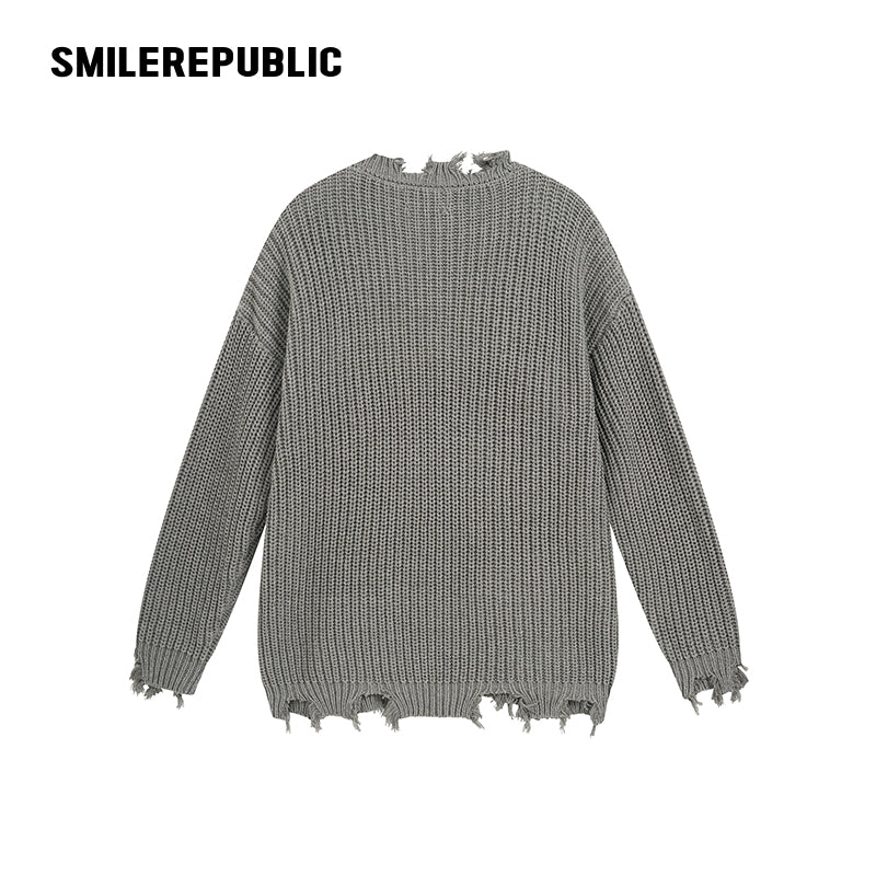 Khaki and Gray Cotton Acrylic Blend Frayed Edge Embroidered Patch Oversized Crewneck Knit Sweater
