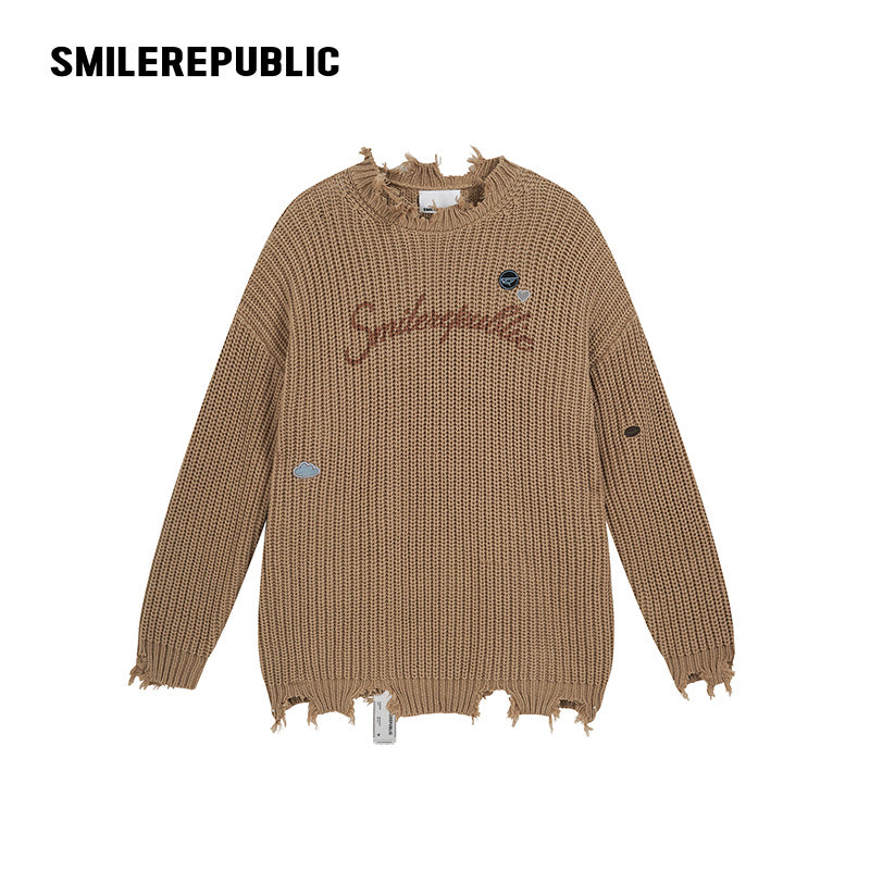 Khaki and Gray Cotton Acrylic Blend Frayed Edge Embroidered Patch Oversized Crewneck Knit Sweater