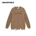 Khaki and Gray Cotton Acrylic Blend Frayed Edge Embroidered Patch Oversized Crewneck Knit Sweater