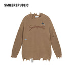 Khaki and Gray Cotton Acrylic Blend Frayed Edge Embroidered Patch Oversized Crewneck Knit Sweater