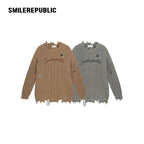 Khaki and Gray Cotton Acrylic Blend Frayed Edge Embroidered Patch Oversized Crewneck Knit Sweater